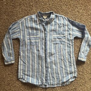 J Jill Love Linen Light Blue Striped Long Sleeve Shirt Women’s Medium